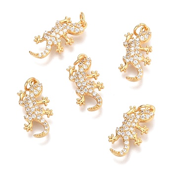 Brass Micro Pave Clear Cubic Zirconia Pendants, with Jump Rings, Gecko Shape, Real 18K Gold Plated, 16.6x8x2.6mm, Hole: 2.1mm