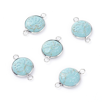 Synthetic Turquoise Links connectors, with Platinum Tone Brass Cabochon Connector Settings, Flat Round with Tree, 23~24x15~16x5~6mm, Hole: 2.5mm