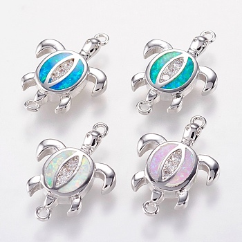 Brass Links connectors, with Synthetic Opal and Cubic Zirconia, Sea Turtle, Platinum, Mixed Color, 19.5x13.5x2.5mm, Hole: 1mm