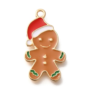 Christmas Theme Alloy Enamel Pendants, Gingerbread Man Charm, Light Gold, Hat, 25x14x2mm, Hole: 1.6mm