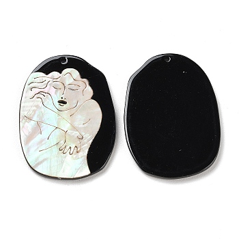 Opaque Hugging Human Pattern Acrylic Pendants, with Shell, Black, Oval, 39.5x28.5x2.4mm, Hole: 1.4mm