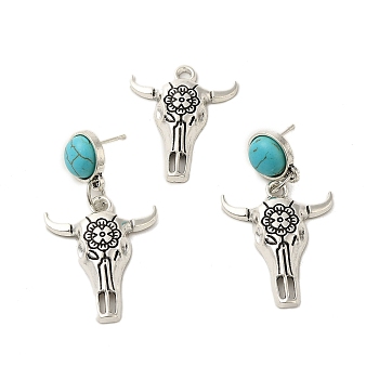 Synthetic Turquoise & Cattle Alloy Pendant Studs Earrings Sets, 316 Steel Needle Jewely for Women, Antique Silver, 49x26mm