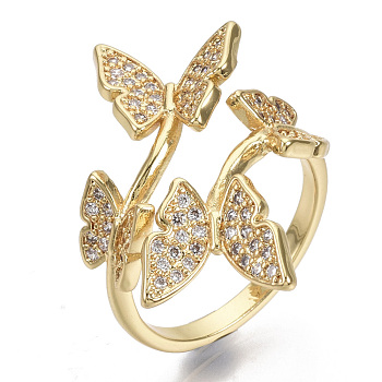 Brass Micro Pave Cubic Zirconia Cuff Rings, Open Rings, Nickel Free, Butterfly, Clear, Real 16K Gold Plated, Size 7, Inner Diameter: 17mm