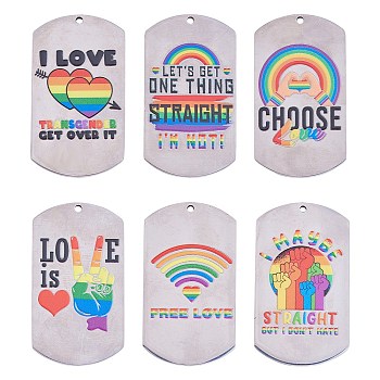 6Pcs 6 Style Pride 201 Stainless Steel Big Pendants, Oval Rectangle, Stainless Steel Color, Mixed Patterns, 50x28x2mm, Hole: 1.8mm, 1pc/style