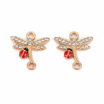 Alloy Links Connectors, with Enamel and Crystal Rhinestone, Light Gold, Dragonfly with Ladybird, Red, 19x18x2mm, Hole: 1.8mm