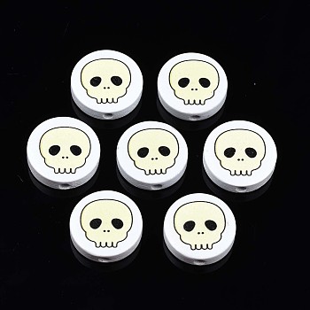 Halloween Printed Natural Wood Beads, Flat Round with Skull Pattern, Light Yellow, 19~20x5.9mm, Hole: 2~2.2mm