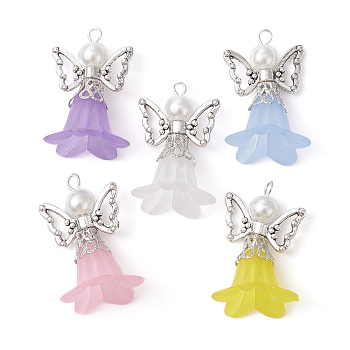 Tibetan Style Alloy Pendants, with Transparent Acrylic Beads, Frosted, Flower, Angel, Mixed Color, 27.5x18x18mm, Hole: 2mm