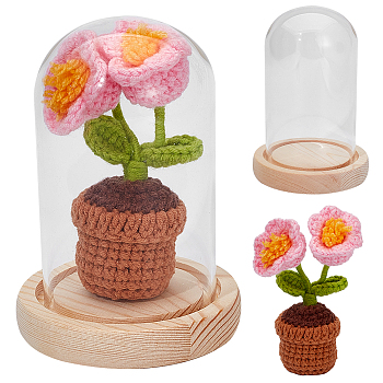 WADORN 1 Set Glass Cloche Bell Jar Terrarium with 1Pc Handmade Knitting Crochet Artificial Lily of the Valley Potted, for Home Table Car Decor, Pink, 41x44x120mm