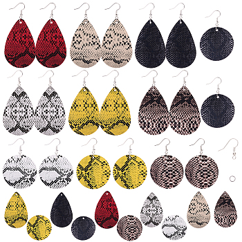 DIY Earring Making, with PU Leather Pendants, Brass Earring Hooks and Iron Jump Rings, teardrop, and Flat Round with Snakeskin Pattern, Mixed Color, 40~57.5x1.5mm, Hole: 2mm