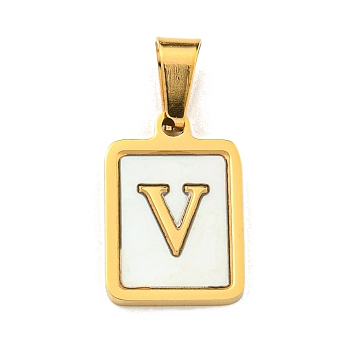 PVD Vacuum Plating 304 Stainless Steel Pave Natural White Shell Pendants, Rectangle with Letter Charms, Golden, Letter V, 17.5x12x1.5mm, Hole: 6x3mm