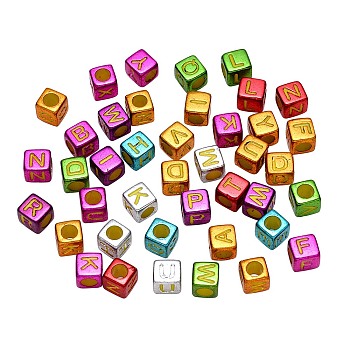 Plating Acrylic Beads, Cube with Initial Letter, Mixed Color, Random Mixed Letters, 6x6x6mm, Hole: 3.5mm, 550pcs/86g