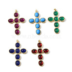 Brass Glass Pendants, Cross Charms, Long-Lasting Plated, Cadmium Free & Lead Free, Real 18K Gold Plated, Mixed Color, 55x37.5x6mm, Hole: 3.5x3mm(KK-Z155-09G-01)