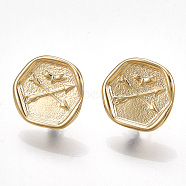 Brass Stud Earring Findings, with Loop, Nickel Free, Real 18K Gold Plated, Hexagon with Arrow, 12.5x13.5mm, Hole: 2mm, Pin: 0.8mm(KK-T038-458G)