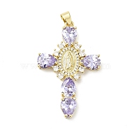 Rack Plating Brass Micro Pave Cubic Zirconia Pendants, Cadmium Free & Lead Free, Real 18K Gold Plated, Cross with Saint, Lilac, 45.5x29x6mm, Hole: 4x6mm(ZIRC-I059-15G-05)