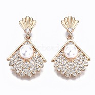 Brass Micro Pave Clear Cubic Zirconia Pendants, with Plastic Imitation Pearl, Fan, Light Gold, 27.5x17x6mm, Hole: 4x3mm(X-GLAA-S193-029)