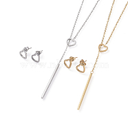 304 Stainless Steel Jeweley Sets, Lariat Necklace and Stud Earrings, Heart & Bar, Mixed Color, 16.5 inch(42cm), 8.5x9mm, Pin: 0.7mm(SJEW-L145-002)