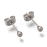 304 Stainless Steel Ball Stud Earrings, with 316 Stainless Steel Pin & Earring Backs, Round, Stainless Steel Color, 14.5x3mm, Pin: 0.7mm(EJEW-L254-01I-P)