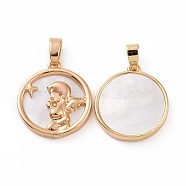 Brass Shell Pendants, Flat Round with Angel Charms, Real 18K Gold Plated, 18x16x2mm, Hole: 3x5mm(KK-E068-VC134)
