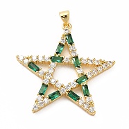 Rack Plating Brass Micro Pave Cubic Zirconia Pendants, Real 18K Gold Plated, Long-Lasting Plated, Lead Free & Cadmium Free, Star, Green, 34x34x3mm, Hole: 4x4mm(KK-E281-09G-04)
