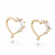 Brass Cubic Zirconia Stud Earring Findings, with Loop, Heart, Clear, Nickel Free, Real 18K Gold Plated, 11x11mm, Hole: 0.8mm, Pin: 0.7mm(KK-S350-001G)