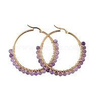 Beaded Hoop Earrings, with Natural Amethyst Beads, Golden Plated 304 Stainless Steel Hoop Earrings and Cardboard Packing Box, 50mm, Pin: 0.6x1mm(X-EJEW-JE03830-02)