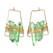 Electroplated Natural Quartz Wire Wrapped Earrings for Girl Women, Golden Trapezoid Brass Hoop Earrings, Green, 36~40x25x10~13mm, Pin: 0.7mm(EJEW-JE04645-02)