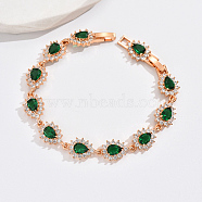 Cubic Zirconia Teardrop Link Chain Bracelet, Real 18K Gold Plated Brass Bracelet, Green, 7-5/8 inch(19.5cm)(JY9685-3)