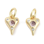 Brass Micro Pave Cubic Zirconia Charms, with Jump Ring, Heart, Real 18K Gold Plated, Pink, 10x6.5x2.5mm, Hole: 3mm(KK-C051-06G-03)