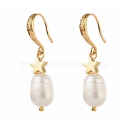 Grade B Natural Pearl Beads Dangle Earring, with Brass Star and Hooks, Golden, 35mm, Pin: 0.7mm(EJEW-JE04591-01)
