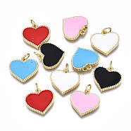 Brass Enamel Pendants, with Jump Ring, Nickel Free, Heart, Real 16K Gold Plated, Mixed Color, 16x16.5x2mm, Jump Ring: 5x0.8mm, Hole: 3mm(ZIRC-T014-032G-NF)