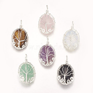 Natural & Synthetic Mixed Stone Pendants, with Brass Findings, Oval with Tree, Silver Color Plated, 39~39.5x22~23x9~10mm, Hole: 4mm(G-I205-A-S)