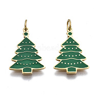 316 Surgical Stainless Steel Enamel Pendants, with Jump Rings, for Christmas, Christmas Trees, Green, Real 14K Gold Plated, 17.5x11.5x1mm, Jump Ring: 3.8x0.6mm, 2.6mm inner diameter(STAS-S116-353G)