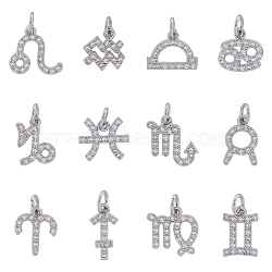 HOBBIESAY 12Pcs 12 Style Brass Micro Pave Cubic Zirconia Charms, 12 Constellations Charm, with Jump Ring, Platinum, 12 Constellations, 9.5~13.5x6.5~12x1.5mm, Hole: 3.5mm, 1pc/style(KK-HY0003-50)