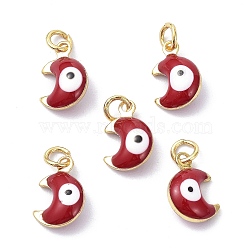 Brass Enamel Charms, Real 18K Gold Plated, with Jump Rings, Moon with Evil Eye, Cadmium Free & Lead Free, Red, 11x7x3.5mm, Hole: 2.6mm(KK-C218-01G-F)