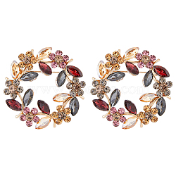 Flower Wreath Colorful Rhinestone Brooch, Alloy Lapel Pin for Backpack Clothes, Light Gold, 41x41.5x14mm(JEWB-WH0026-19)