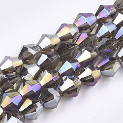 Electroplate Glass Beads Strands, AB Color Plated, Faceted, Bicone, Olive, 6x5.5~6mm, Hole: 1mm, about 47~48pcs/strand, 10.83 inch(27.5cm)(EGLA-Q118-6mm-B13)