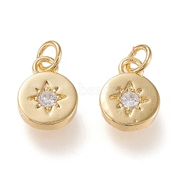 Brass Micro Pave Clear Cubic Zirconia Charms, Cadmium Free & Lead Free, Long-Lasting Plated, Flat Round with Star, Golden, 11x8x1.8mm, Jump Ring: 4.5x0.8mm, 2.7mm Inner Diameter.(X-ZIRC-K086-06G)