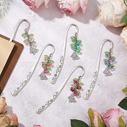 5Pcs 5 Colors Alloy Hook Bookmarks, Butterly Alloy Rhinestone Charms & Glass Flower & Acrylic Leaf Bookmarks, Mixed Color, 117mm, 1pc/color(AJEW-JK00356)