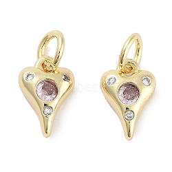 Brass Micro Pave Cubic Zirconia Charms, with Jump Ring, Heart, Real 18K Gold Plated, Pink, 10x6.5x2.5mm, Hole: 3mm(KK-C051-06G-03)