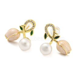 Cubic Zirconia Tulip & Natural Pearl Stud Earrings, Brass Earrings with 925 Sterling Silver Pins, Real 18K Gold Plated, 15x15mm(EJEW-Z020-02G)