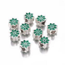 Alloy Enamel European Beads, Large Hole Beads, Flower, Antique Silver, Green, 11x7mm, Hole: 4.5mm(MPDL-G009-01AS)