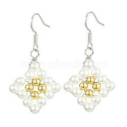 Rhombus Shell Pearl & Brass Dangle Earrings, Platinum, 43x23mm(EJEW-JE05775)