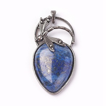 Natural Lapis Lazuli Pendants, with Brass Findings, teardrop, Antique Silver, 52~53x27x10~11mm, Hole: 8x5mm