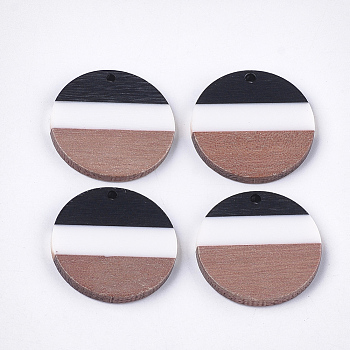 Tri-color Resin & Walnut Wood Pendants, Flat Round, White, 28x3.5mm, Hole: 2mm