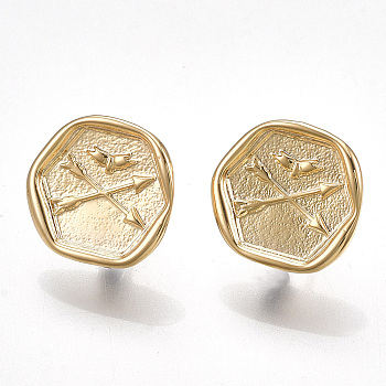 Brass Stud Earring Findings, with Loop, Nickel Free, Real 18K Gold Plated, Hexagon with Arrow, 12.5x13.5mm, Hole: 2mm, Pin: 0.8mm