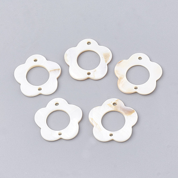 Freshwater Shell Links connectors, Flower, Seashell, 25x25x2mm, Hole: 1.5mm