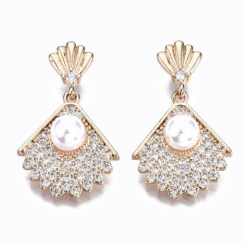 Brass Micro Pave Clear Cubic Zirconia Pendants, with Plastic Imitation Pearl, Fan, Light Gold, 27.5x17x6mm, Hole: 4x3mm