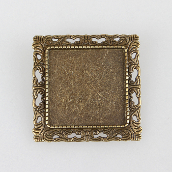 Vintage Alloy Brooch Cabochon Bezel Settings, with Iron Pin Brooch Back Bar Findings, Square, Cadmium Free & Nickel Free & Lead Free, Antique Bronze, Tray, 25x25mm, 35x35x3mm, Pin: 0.6mm