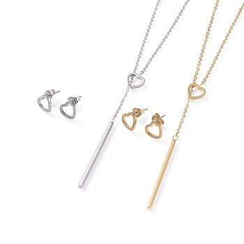 304 Stainless Steel Jeweley Sets, Lariat Necklace and Stud Earrings, Heart & Bar, Mixed Color, 16.5 inch(42cm), 8.5x9mm, Pin: 0.7mm