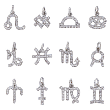 HOBBIESAY 12Pcs 12 Style Brass Micro Pave Cubic Zirconia Charms, 12 Constellations Charm, with Jump Ring, Platinum, 12 Constellations, 9.5~13.5x6.5~12x1.5mm, Hole: 3.5mm, 1pc/style